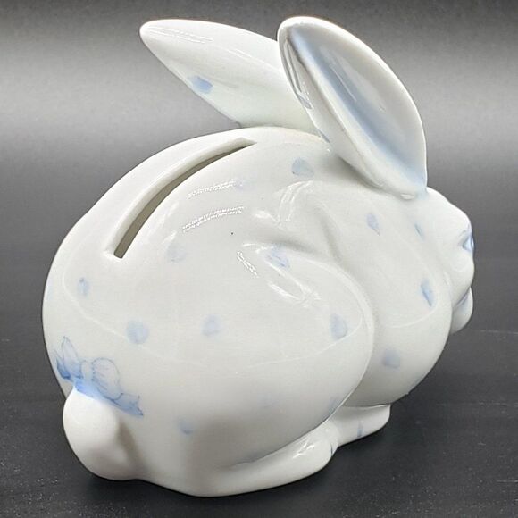 Abbott Collection Small White Porcelain Blue Spotted Rabbit Coin Bank w/Stopper - Picture 3 of 16